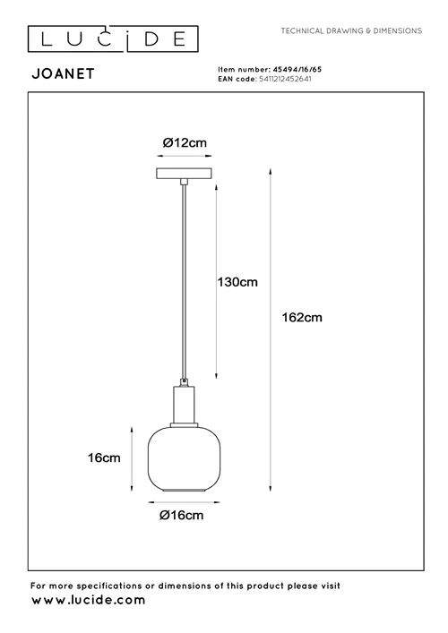 Lucide JOANET - Hanglamp - Ø 16 cm - 1xE27 - Fumé - technisch
